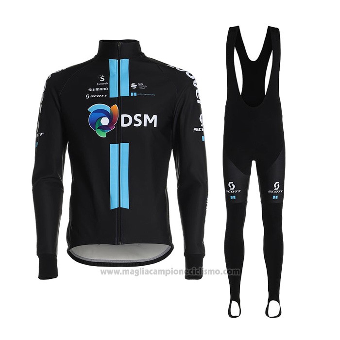 2021 Abbigliamento Ciclismo DSM Nero Blu Manica Lunga e Salopette